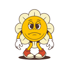 Retro flower mascot with droopy eyes and frown, expressing sadness and emotional vulnerability. Ideal for storytelling, mood graphics, and expressive design projects. Vector illustration