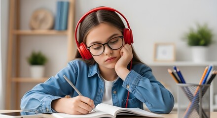 Teen girl with headphones studying and writing in notebook