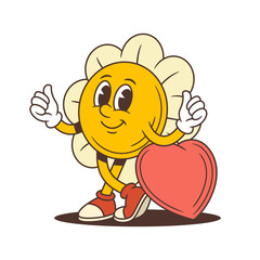 Adorable flower character embracing a heart with a sweet gentle smile, spreading warm feelings of love and kindness. Great for emotional content, cute branding, and summer themes. vector illustration