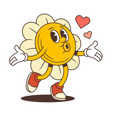 Flower mascot blowing a kiss with floating hearts around, radiating flirtatious charm and affection. Great for Valentine's content, playful design, and emotional expression. vector illustration