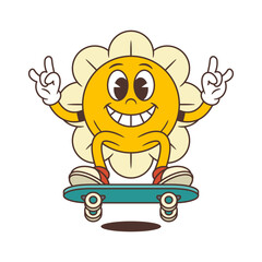 Excited flower mascot seated on a skateboard with both hands raised in a triumphant gesture, full of motion, energy and cool retro charm. Great for youth visuals and urban designs. vector illustration