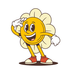 Friendly flower mascot saluting politely with a warm and genuine smile, creating a respectful and welcoming mood. Perfect for greeting cards, badges, or positive designs. vector illustration