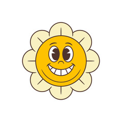 Bright cartoon flower character with expressive eyes, toothy smile, and symmetrical petals. Perfect for children themes, branding, or positive emotional content. Vector illustration