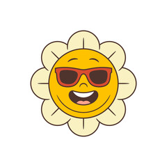 Stylish retro flower mascot wearing sunglasses and beaming with a bright smile, spreading a confident and relaxed vibe. Ideal for summer, vacation themes, or lifestyle content. vector illustration.