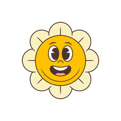 Charming flower mascot with sparkling eyes and tilted petals showing joy and excitement, perfect for celebration, happiness, or cheerful digital designs. vector illustration