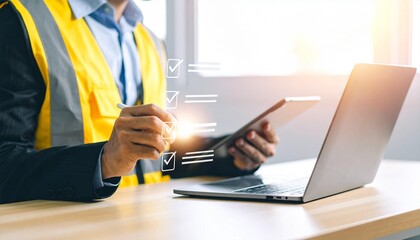 Engineer in vest reviews checklist on tablet at desk with laptop in bright office