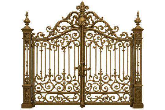 Golden gate with ornate design, isolated on transparent background, offering security and elegance
