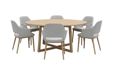 Modern round wooden dining table set with six gray chairs