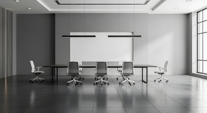 Modern conference room with long table and office chairs