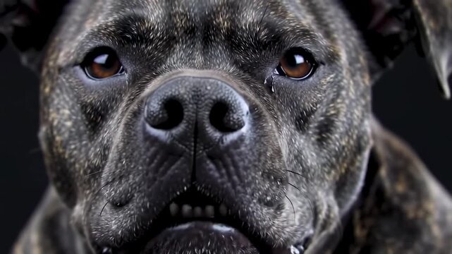 Closeup portrait of a brindle pitbull with intense gaze