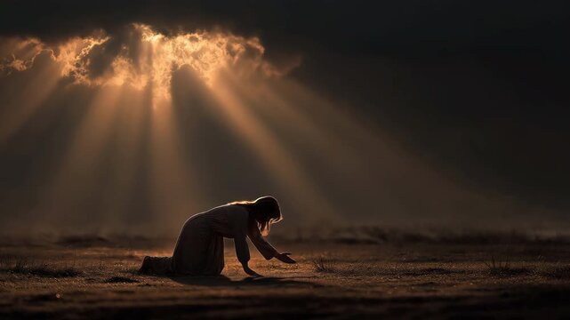 A person kneeling on the ground in front of a crucifix, their eyes closed in a sincere act of forgiveness, sunlight shining through the clouds and illuminating their face