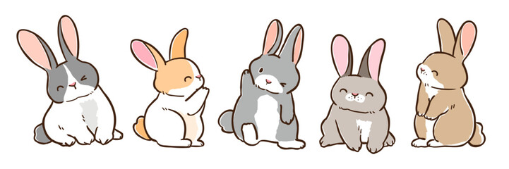 Vector Illustration of Cute Cartoon Rabbit Characters on Isolated Background. Hand Drawn Vector Illustration.