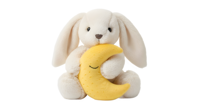 Cute plush bunny holding a yellow moon on white background