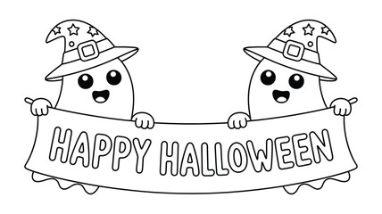 Cute Halloween Ghosts with Witch Hats Holding Happy Halloween Banner