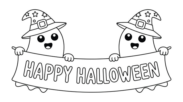 Cute Halloween Ghosts with Witch Hats Holding Happy Halloween Banner