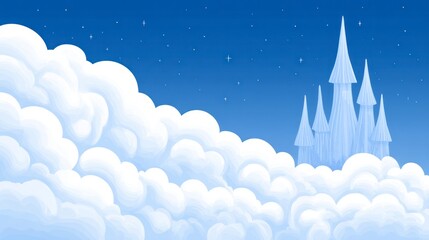 Fototapeta premium A fantastical ice castle emerges from soft white clouds against a starry blue sky