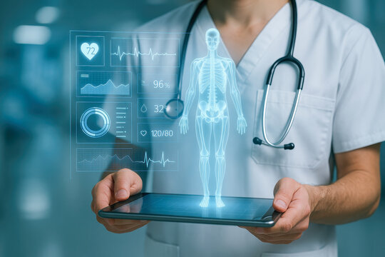 Medical healthcare professional holding tablet with medical hologram of human skeleton and health data in hospital environment