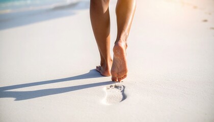 A close-up of a woman's bare feet walking on a white sandy beach in the warm sunlight. Generated image