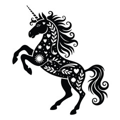 Elegant Black Unicorn Silhouette with Floral and Celestial Decorations