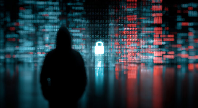 Anonymous hacker silhouette facing dark padlock. Cybersecurity threat with digital code
