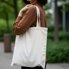 Woman in brown shirt carrying blank cream tote bag outdoors, minimalist style, casual mood.