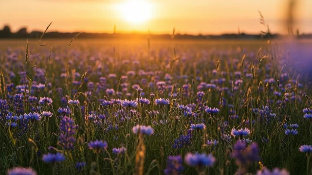 Purple And Blue Flowers Field At Sunset