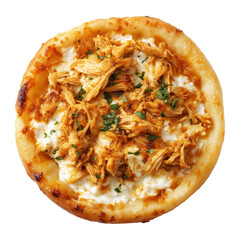 Barbecue Sfiha Esfiha mini pizza topped with shredded chicken, melted cheese, and herbs isolated on white background, concept of fast food and lunch