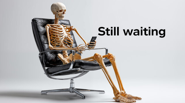Skeleton sitting in chair holding mobile and looking at screen with word still waiting