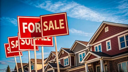 Obraz premium Row of Suburban Homes with Multiple Red For Sale Signs Under Blue Sky 