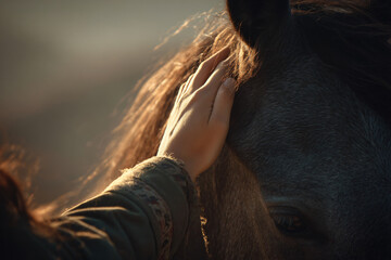 Horse Person Connection Touch Affection Rural Landscape Sunset Equine Bond Love Friendship Serenity Outdoors Wildlife Fur Harmony Human Tranquility Softness Countryside Gentle Dusk Farm Elegance