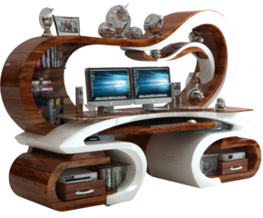 Modern luxury wooden and white curved computer desk with dual monitors isolated on transparent background