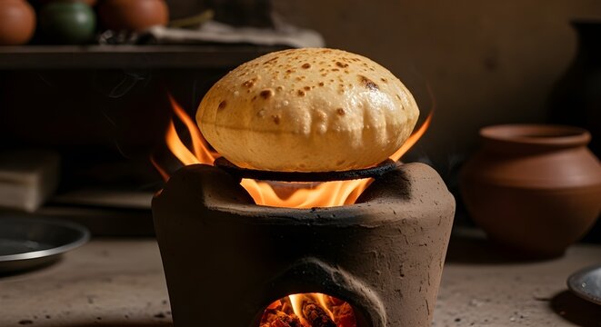 Roti cooking on an open flame stove