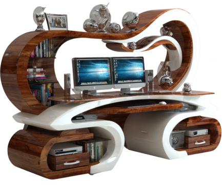 Modern luxury wooden and white curved computer desk with dual monitors isolated on transparent background