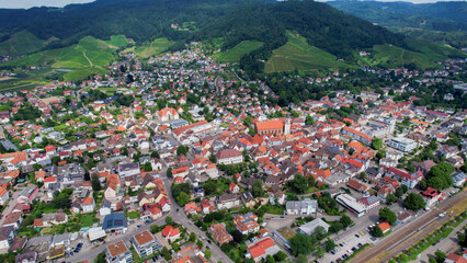 Aerial view around the old town in the city Oberkirch on an sunny spring day	