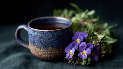Rustic blue ceramic mug filled with dark liquid decorated with purple pansy flowers and greenery