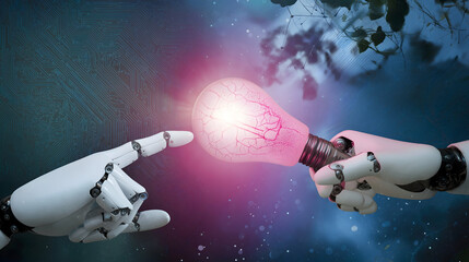 Two robotic hands touch a glowing pink light bulb symbolizing innovation, technology, and artificial intelligence in a digital, futuristic setting.