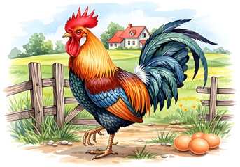 Colorful watercolor rooster illustration in a rustic farmyard setting with vibrant, hand-painted art perfect for organic egg packaging and kitchen decor