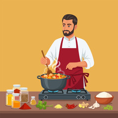 Bearded Chef in Apron Cooking Stew on Stove with Spices