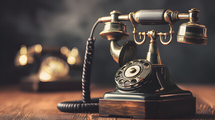 Vintage rotary telephone on wooden table with warm lighting and blurred background.
