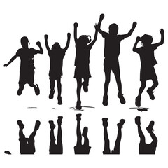 Diverse group of children silhouetted against a bright background jumping with joy and excitement celebrating together