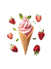 Fototapeta premium Delicious strawberry soft serve ice cream cone surrounded by fresh berries and mint leaves isolated on transparent background