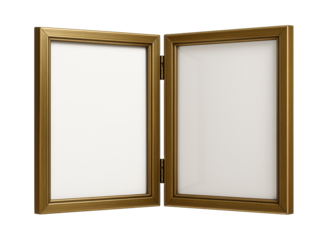 Double-opening hinged frame with a classic brass finish, ideal for displaying family photos in a dining room
