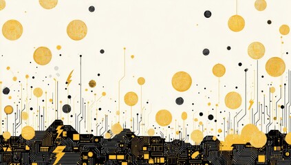 Abstract digital cityscape with gold coins and circuit board elements