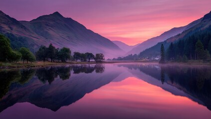 Fototapeta premium Serene mountain lake at dawn, vibrant colors reflected