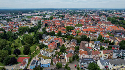 Aerial view around the old town in the city Offenburg on an sunny spring day	