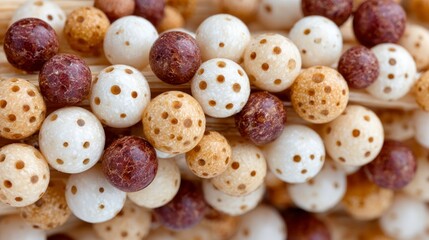 Obraz premium Close up view of many small round textured candies with dark brown and white spotted patterns