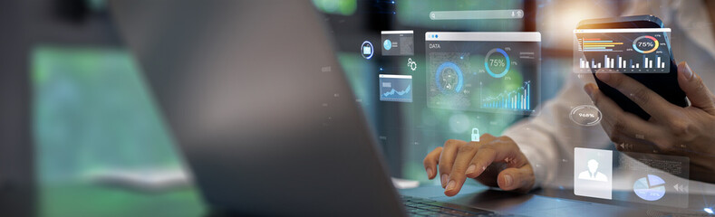 woman analyst uses a computer AI artificial intelligence and dashboard for data business analysis and Data Management System with KPI and metrics connected to the database for technology finance,