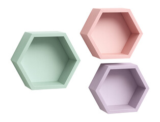 A set of hexagonal wall shelves in pastel colors, perfect for a nursery to display small decorative items.