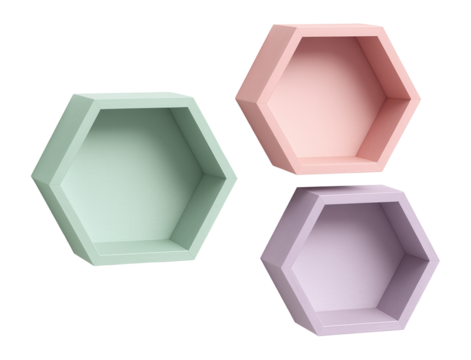 A set of hexagonal wall shelves in pastel colors, perfect for a nursery to display small decorative items.
