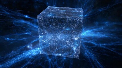 Cube is floating in space with a blue background.  surrounded by a blue light. digital cube exploding into particle streams forming neural logic gates, cosmic blue backdrop, quantum ai development - Powered by Adobe